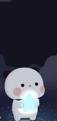 This phone live wallpaper displays an adorable panda bear holding a glowing ball in the dark
