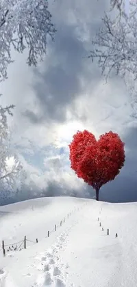 "Experience the romantic charm of a heart-shaped tree amidst a snowy field with this phone live wallpaper