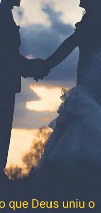 This sunset-themed live phone wallpaper showcases a couple in wedding attire holding hands