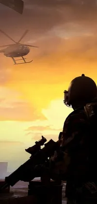 This vivid phone live wallpaper showcases a breathtaking digital artwork of a man holding a gun standing before a helicopter
