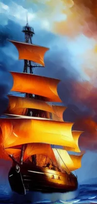 This breathtaking phone wallpaper depicts a sailing ship adrift in a peaceful ocean at sunset