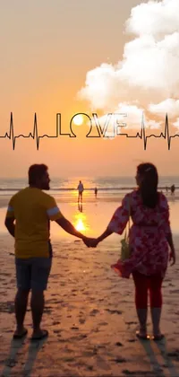 Experience the serenity and beauty of a couple holding hands on a pristine beach while admiring a mesmerizing sunset with this phone live wallpaper