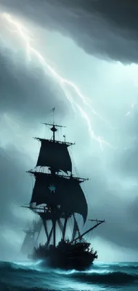 This phone live wallpaper captures a black and white photograph of a ship sailing through a stormy ocean