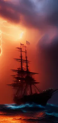 This phone live wallpaper features a stunning digital rendering of a ship sailing in the ocean at sunset