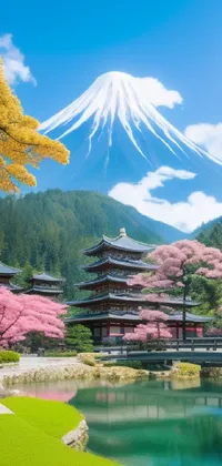 This phone live wallpaper showcases a stunning Japanese garden with a towering mountain and giant cherry trees in the background