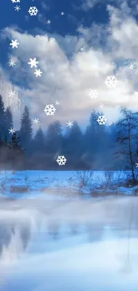 This live wallpaper showcases a serene winter landscape with a glistening lake, surrounded by gentle snowflakes
