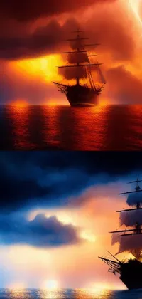This phone live wallpaper showcases two beautiful ships sailing in the water against a stunning sunset backdrop, as depicted in an impressive digital painting created in the Romanticism style