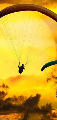 This live wallpaper features a romantic scene of two individuals flying with colorful parachutes in the clouds on a beautiful, sunny day
