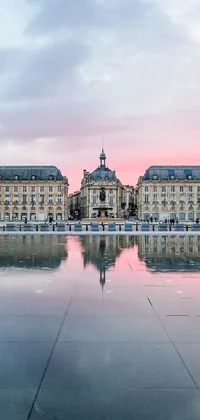 Enjoy the beautiful view of a grand building with a majestic fountain, at dawn in France with this live wallpaper