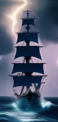 This phone live wallpaper features a stunning tall ship sailing on calm waters, encompassed in a digitally rendered artwork