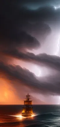 This phone live wallpaper features a boat in a large body of water set against a beautiful, romanticistic background with high-resolution lightning, captivating orange and cyan lighting, and dark, towering clouds