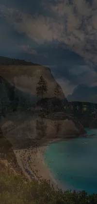 This live wallpaper for mobile phones features a group of people standing on a beach next to calm water, surrounded by trees and cliffs
