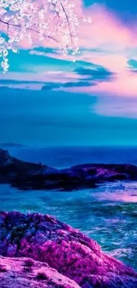 This stunning phone live wallpaper depicts a serene sunset over calm waters, suffused with shades of blue, purple, and aqua