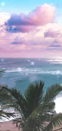Looking for a captivating live wallpaper for your phone? Look no further! Our digital painting features a dreamy seascape with pink clouds and lush palm trees swaying on the beach