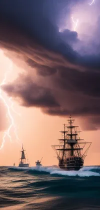 This stunning live phone wallpaper features two ships sailing on rough waters under the sky filled with clouds