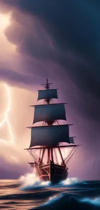 Intensify your phone display with a phone live wallpaper featuring a neon pirate ship in a raging storm