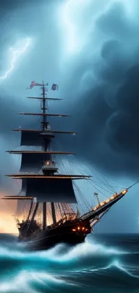This phone live wallpaper depicts a ship sailing through tumultuous oceans in a digital rendering