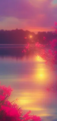 This live phone wallpaper showcases a sunset over water with a romantic, magenta tree and blurred, dreamy illustrations
