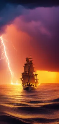 This phone live wallpaper showcases a majestic ship sailing on a vast body of water at sunset