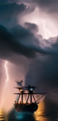 This phone live wallpaper depicts a magnificent tall ship gracefully sailing on calm waters, with an overcast sky serving as an impressive backdrop