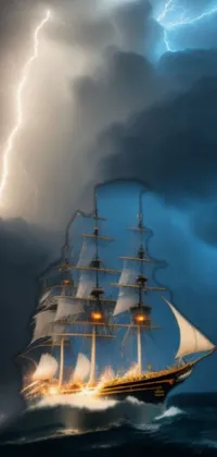 This live wallpaper for your phone features a stunning digital rendering of a ship caught in a storm with lightning strikes in the background