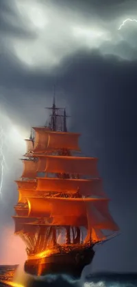 This phone live wallpaper features a stunning digital rendering of a pirate ship sailing in the midst of a stormy sea