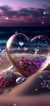 This mobile live wallpaper showcases a delightful digital artwork of floating hearts on a sandy beach surrounded by charming flowers and crystals