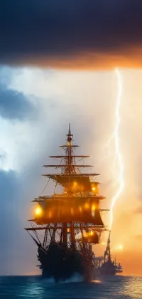This phone live wallpaper displays a stunning image of a tall ship sailing across a body of water