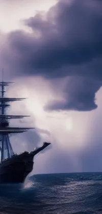 Looking for a captivating live wallpaper for your phone? Check out this stunning digital rendering featuring a grand, tall ship sailing atop a shimmering body of water