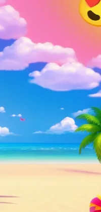 This live wallpaper features a sunny beach scene with palm trees, animated waves, and colorful tropical birds