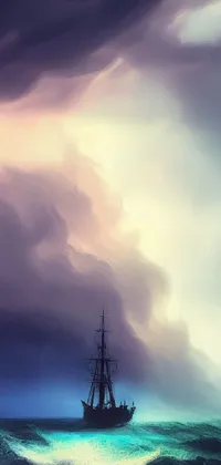 This phone live wallpaper features a pirate ship in the middle of a vast body of water, painted digitally, set against a sunset sky with colorful clouds