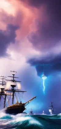 This live wallpaper portrays a ship caught in a raging storm, featuring intense lightning and a neon pirate ship
