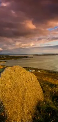 This phone live wallpaper features a large rock atop a grassy hill, with a serene beach sunset video still from Mayo, Ireland in the background