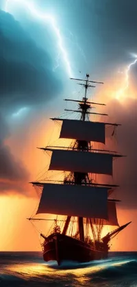 This live wallpaper offers a digital rendering of a majestic ship sailing through the ocean during sunset
