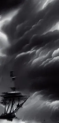 This phone live wallpaper features a high resolution black and white photo of a pirate ship in a stormy ocean