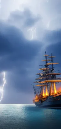 This phone live wallpaper showcases a breathtaking digital rendering of a tall ship sailing on rough waters