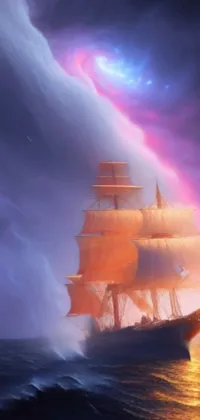 This phone live wallpaper showcases a stunning digital painting of a ship sailing in the ocean inspired by fantasy art