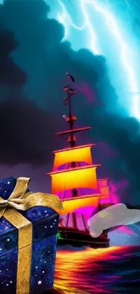 This phone live wallpaper features a colorful and vibrant gift box sitting on a wooden table next to a pirate ship in the distance