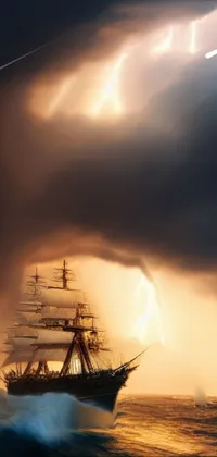 This live wallpaper features a tall ship sailing on a peaceful body of water set against a cloudy sky