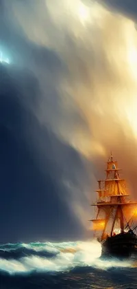 This stunning phone live wallpaper features a pirate neon ship sailing in the calm waters of a vast ocean