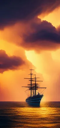 This live wallpaper features a picturesque scene of a gold galleon ship floating on a calm water body, with three towering masts under a cloudy sunset sky
