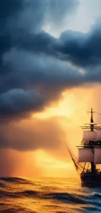 This stunning live wallpaper features a ship sailing amidst choppy waves during a breathtaking sunset