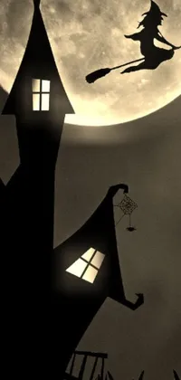 This phone live wallpaper features a spooky and eerie black and white image of a witch flying over a house in sepia tones