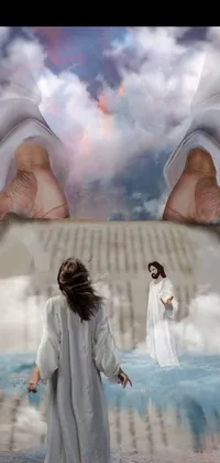 This live wallpaper showcases a surreal, romantic scene of a couple standing in water while Jesus walks on water in the distance