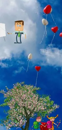 This live phone wallpaper features a whimsical and colorful animation of balloons floating in the sky