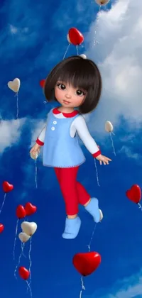 This phone live wallpaper features a charming 3D render of a little girl flying in the sky surrounded by red hearts