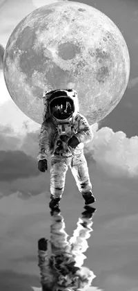 Looking to add a touch of wonder and serenity to your phone? Check out this stunning live wallpaper featuring an astronaut floating in calm water with the moon shining in the distance