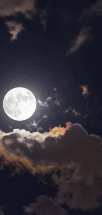 This live wallpaper showcases a stunning full moon in the night sky surrounded by clouds