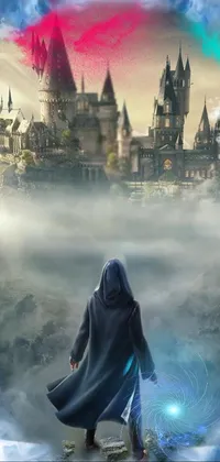 This medieval-fantasy live wallpaper for your phone depicts a stunning cliff overlooking a magical city in the distance