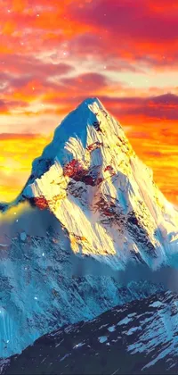 This phone live wallpaper features a spectacular snow-covered mountain at sunset with vibrant colors and incredible detail in 8k resolution